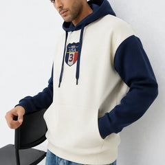 Men’s Navy and White Oversized Applique Hoodie side View by waysho