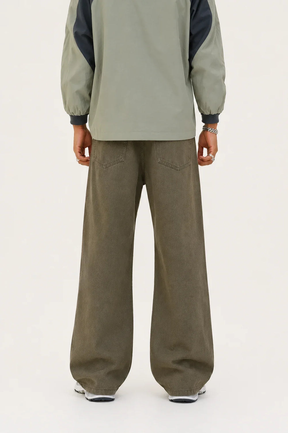 Men's Olive Green Loose Fit Baggy Jeans back view by waysho