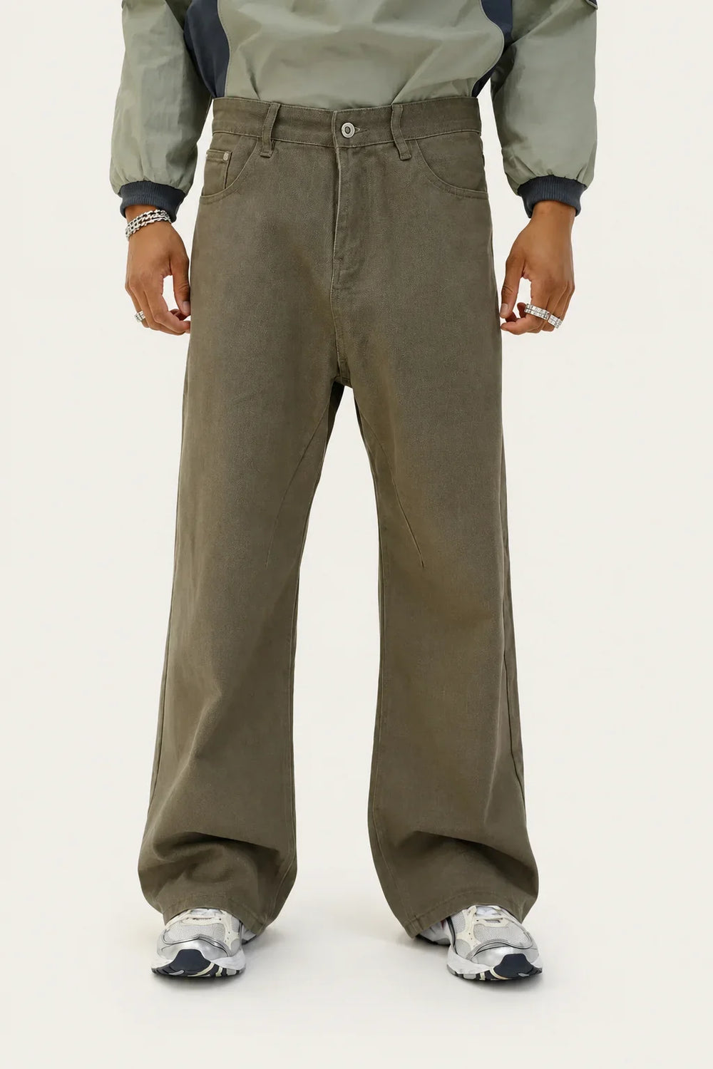 Men's Olive Green Loose Fit Baggy Jeans front view by waysho