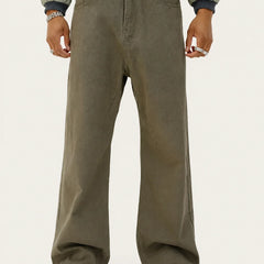 Men's Olive Green Loose Fit Baggy Jeans front view by waysho