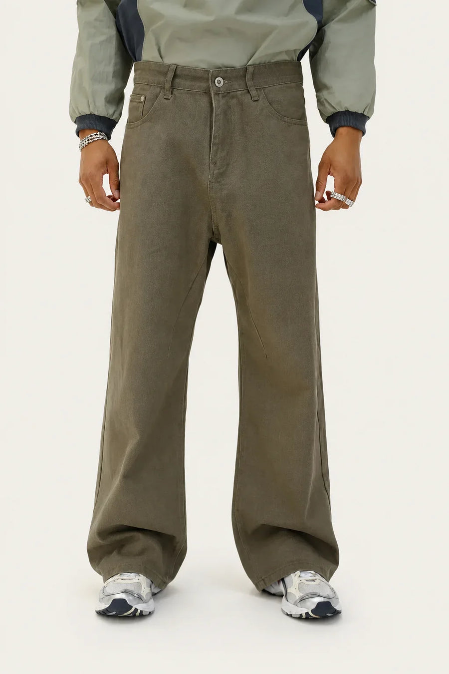 Men's Olive Green Loose Fit Baggy Jeans front view by waysho