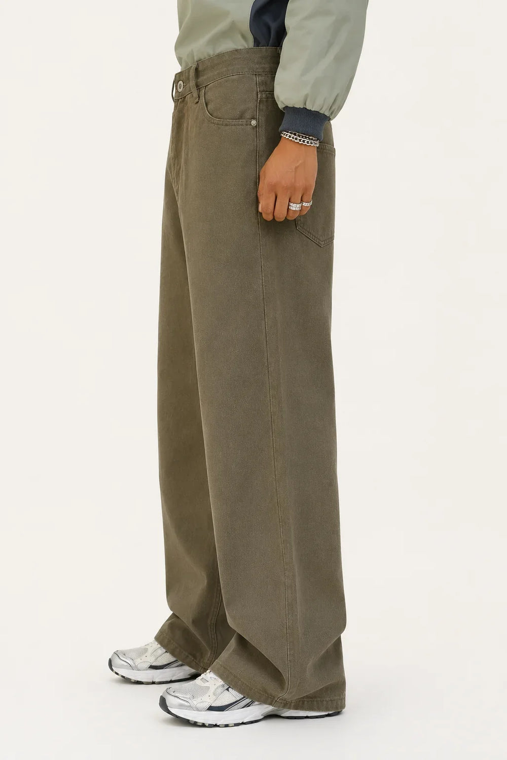 Men's Olive Green Loose Fit Baggy Jeans left view by waysho