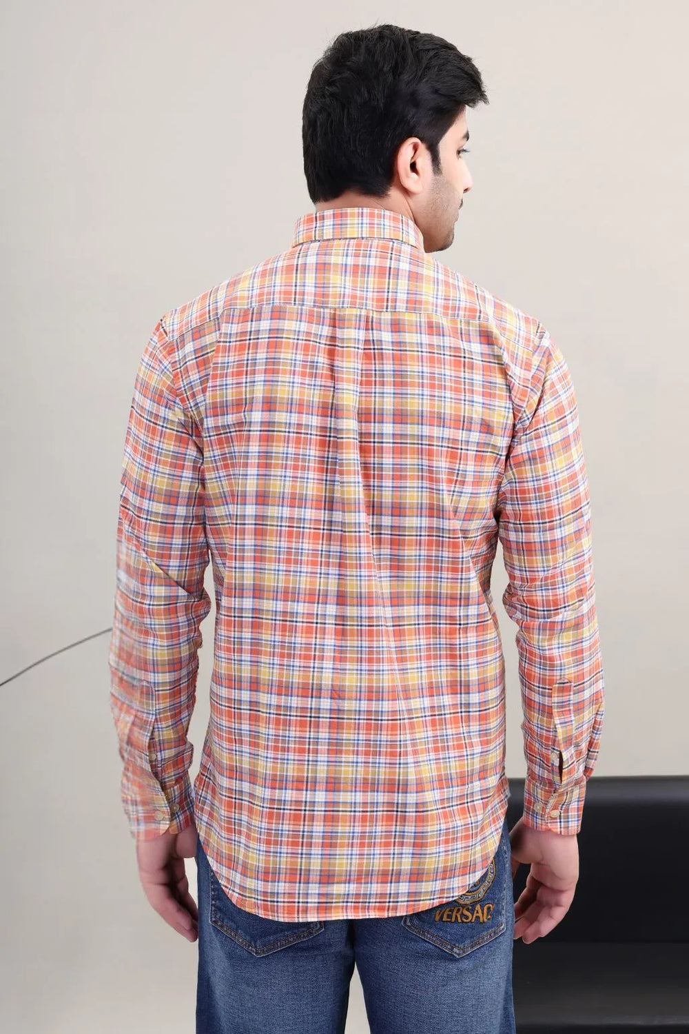 Men's Orange Multi Check Cotton Casual Shirt Back view by Waysho