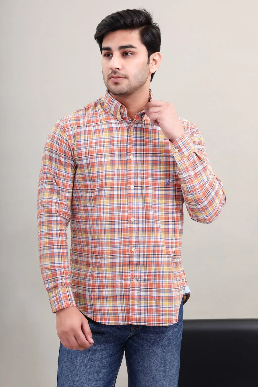 Men's Orange Multi Check Cotton Casual Shirt Side view by Waysho