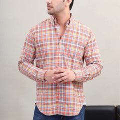 Men's Orange Multi Check Cotton Casual Shirt front two view by Waysho