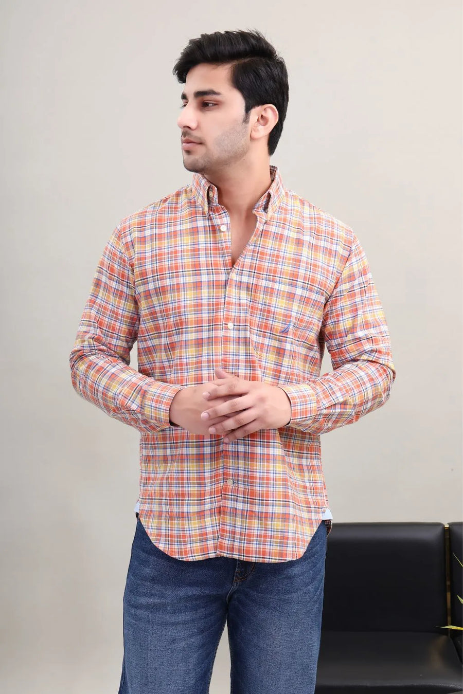 Men's Orange Multi Check Cotton Casual Shirt front two view by Waysho