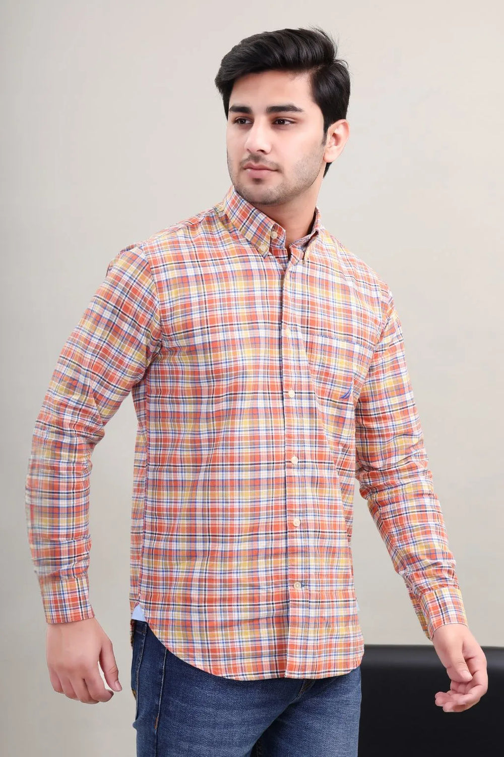 Men's Orange Multi Check Cotton Casual Shirt front view by Waysho