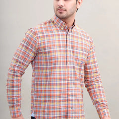 Men's Orange Multi Check Cotton Casual Shirt front view by Waysho