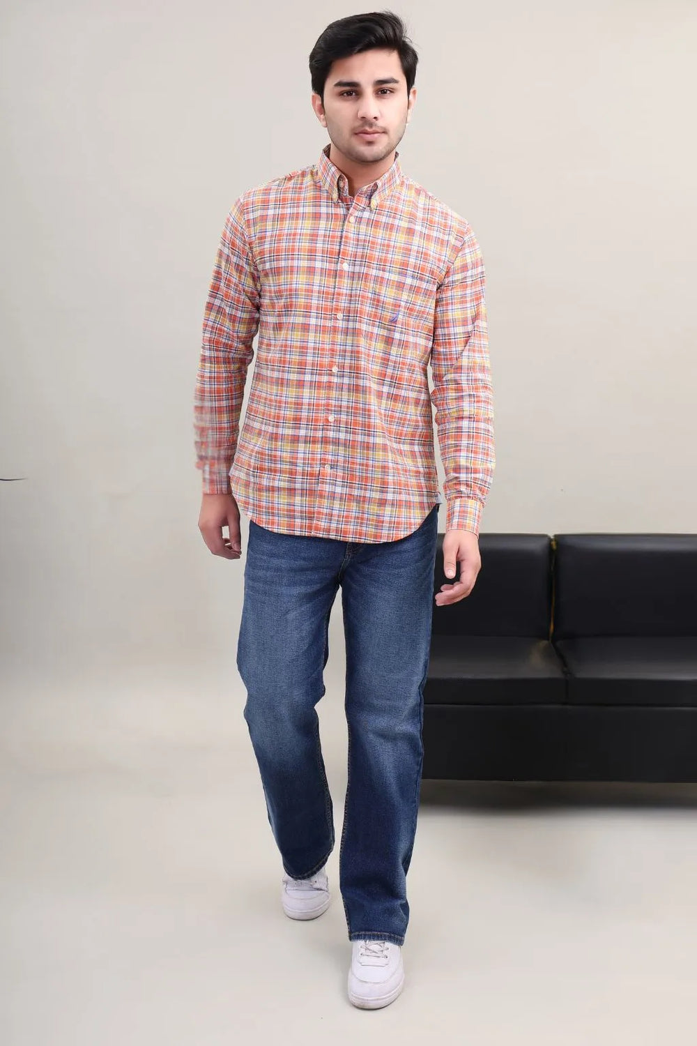 Men's Orange Multi Check Cotton Casual Shirt Full view by Waysho