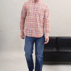 Men's Orange Multi Check Cotton Casual Shirt Full view by Waysho