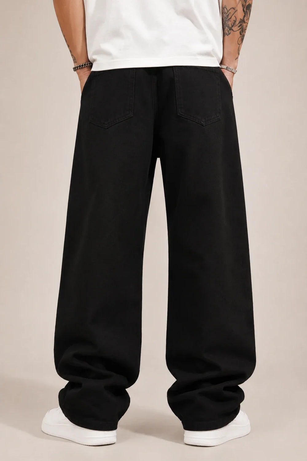 Men's Solid Black Baggy Jeans Back view by Waysho 