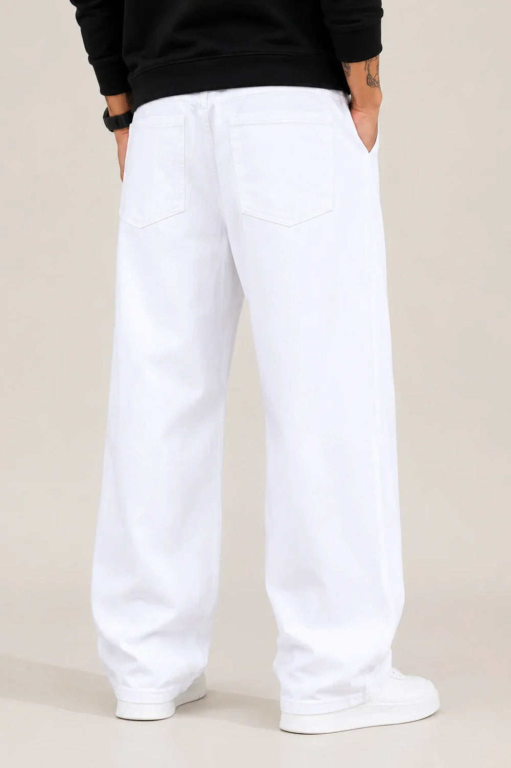 Men's White Loose Fit Jeans Back view by waysho