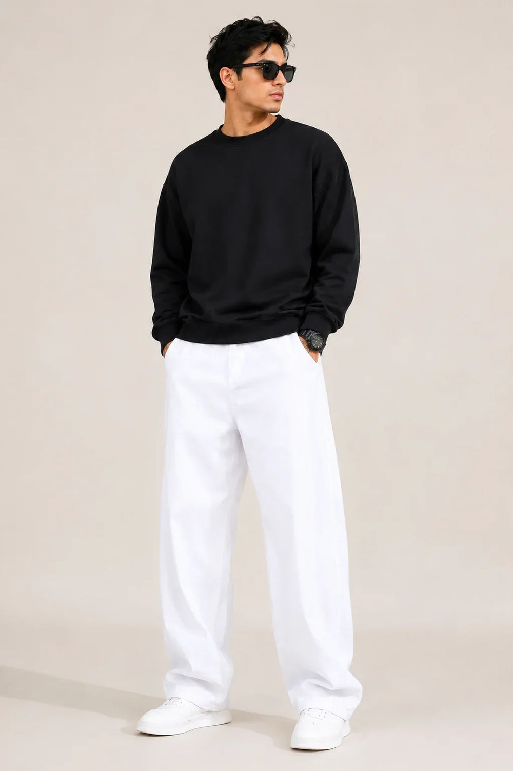 Men's White Loose Fit Jeans Full front  view by waysho