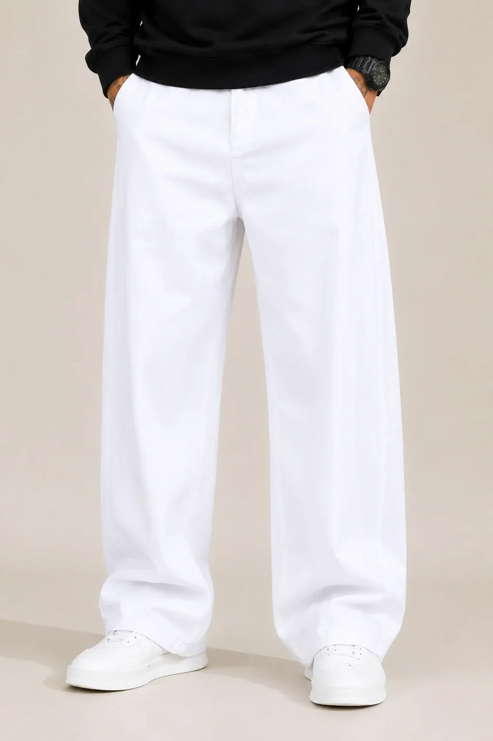 Men's White Loose Fit Jeans front  view by waysho