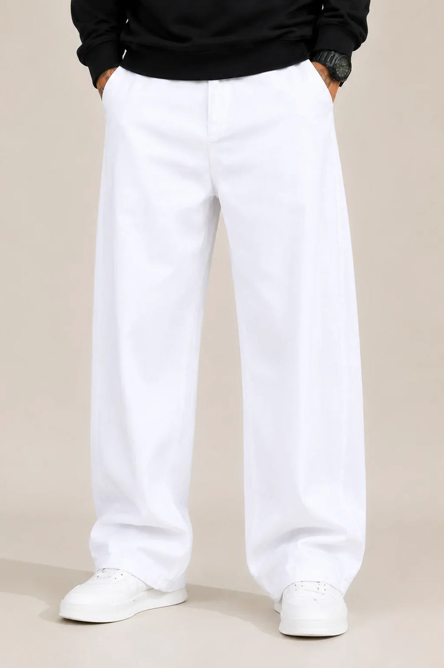 Men's White Loose Fit Jeans front  view by waysho