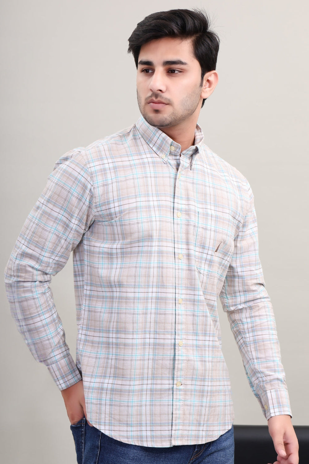 BEIGE BLUE CHECK SHIRT