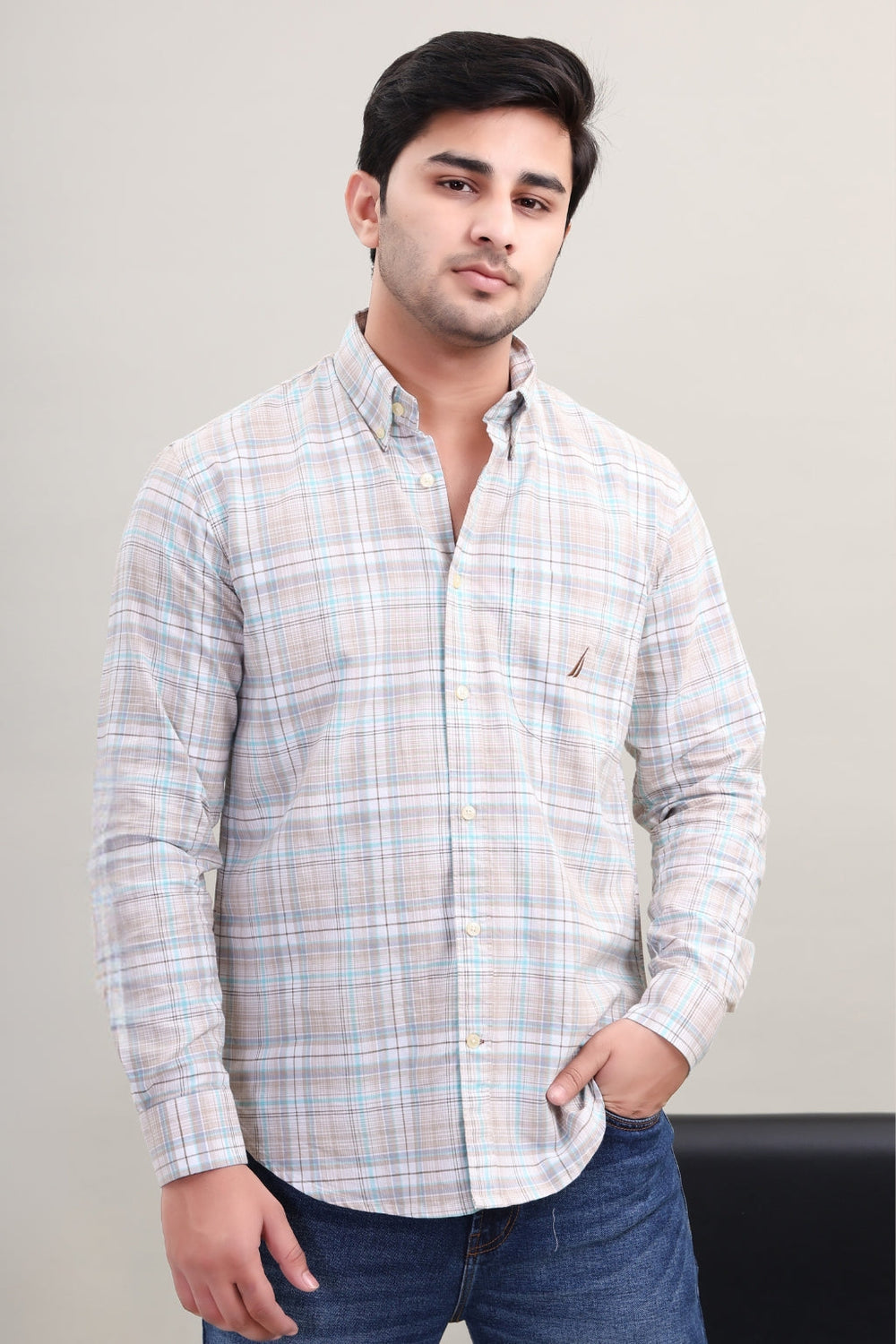 BEIGE BLUE CHECK SHIRT