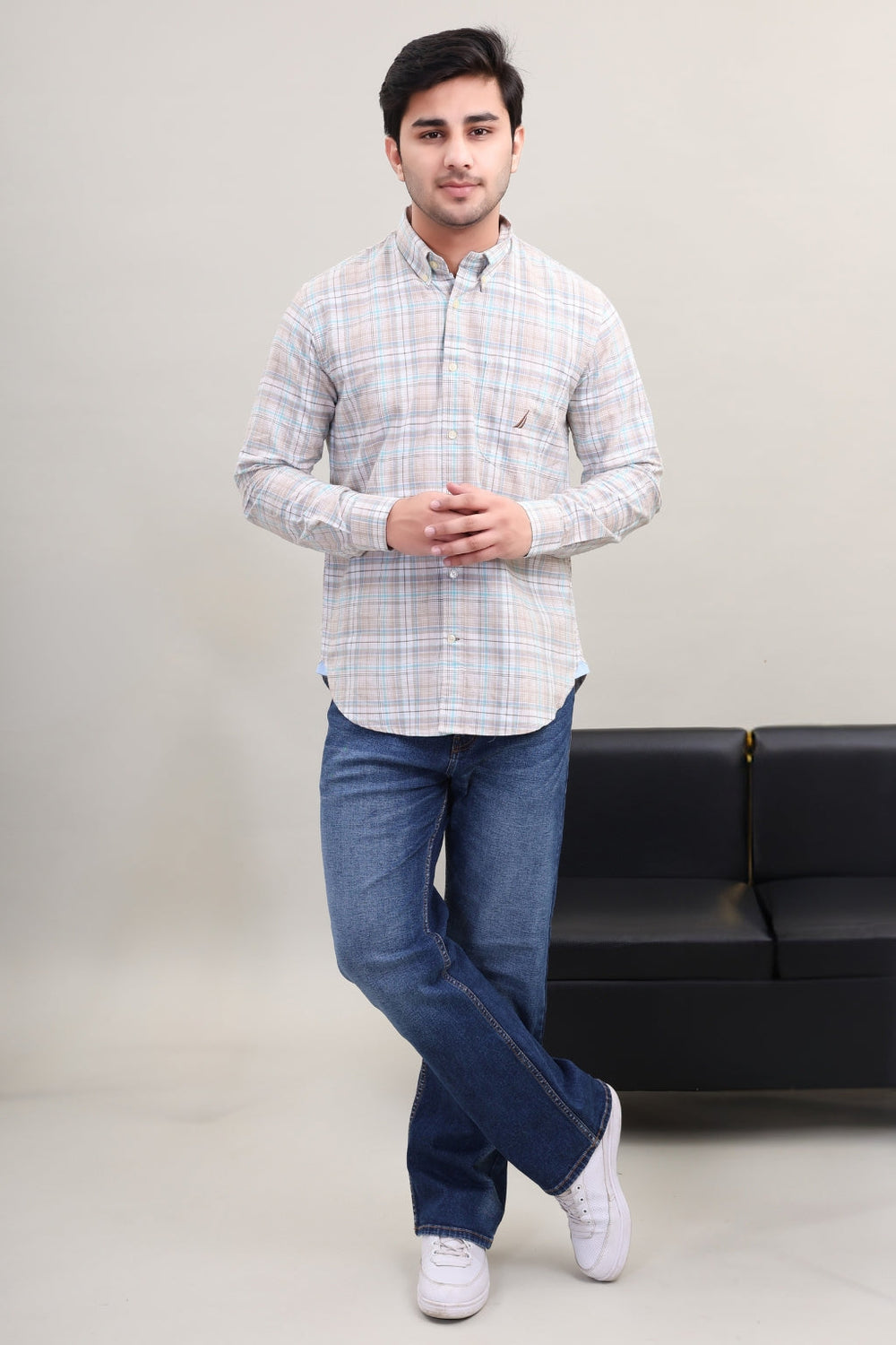 BEIGE BLUE CHECK SHIRT