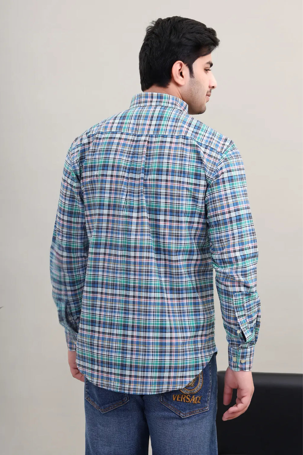 Waysho Men's Blue Green Check Cotton Casual Shirt Back View