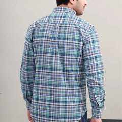Waysho Men's Blue Green Check Cotton Casual Shirt Back View