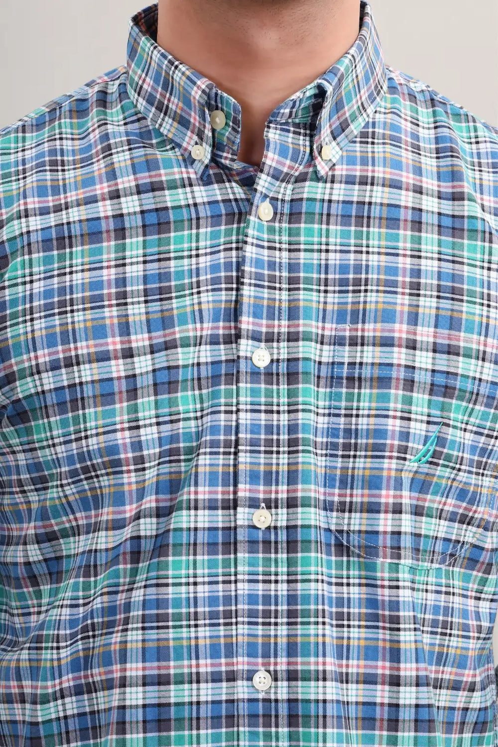 Waysho Men's Blue Green Check Cotton Casual Shirt close View