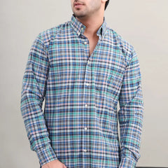 Waysho Men's Blue Green Check Cotton Casual Shirt Front View