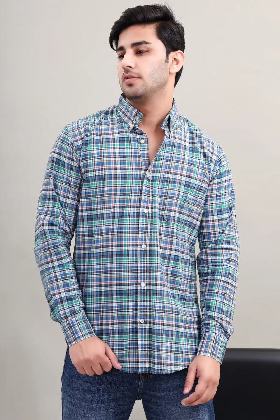 Waysho Men's Blue Green Check Cotton Casual Shirt Front View