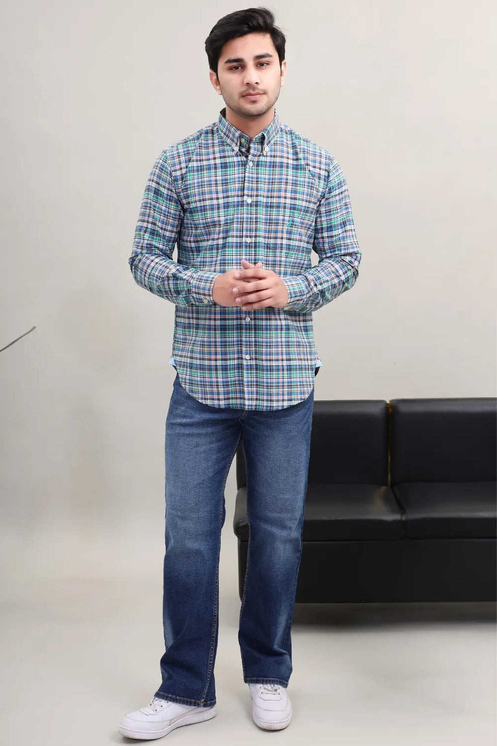 Waysho Men's Blue Green Check Cotton Casual Shirt Full Front View