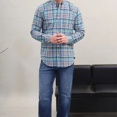 Waysho Men's Blue Green Check Cotton Casual Shirt Full Front View