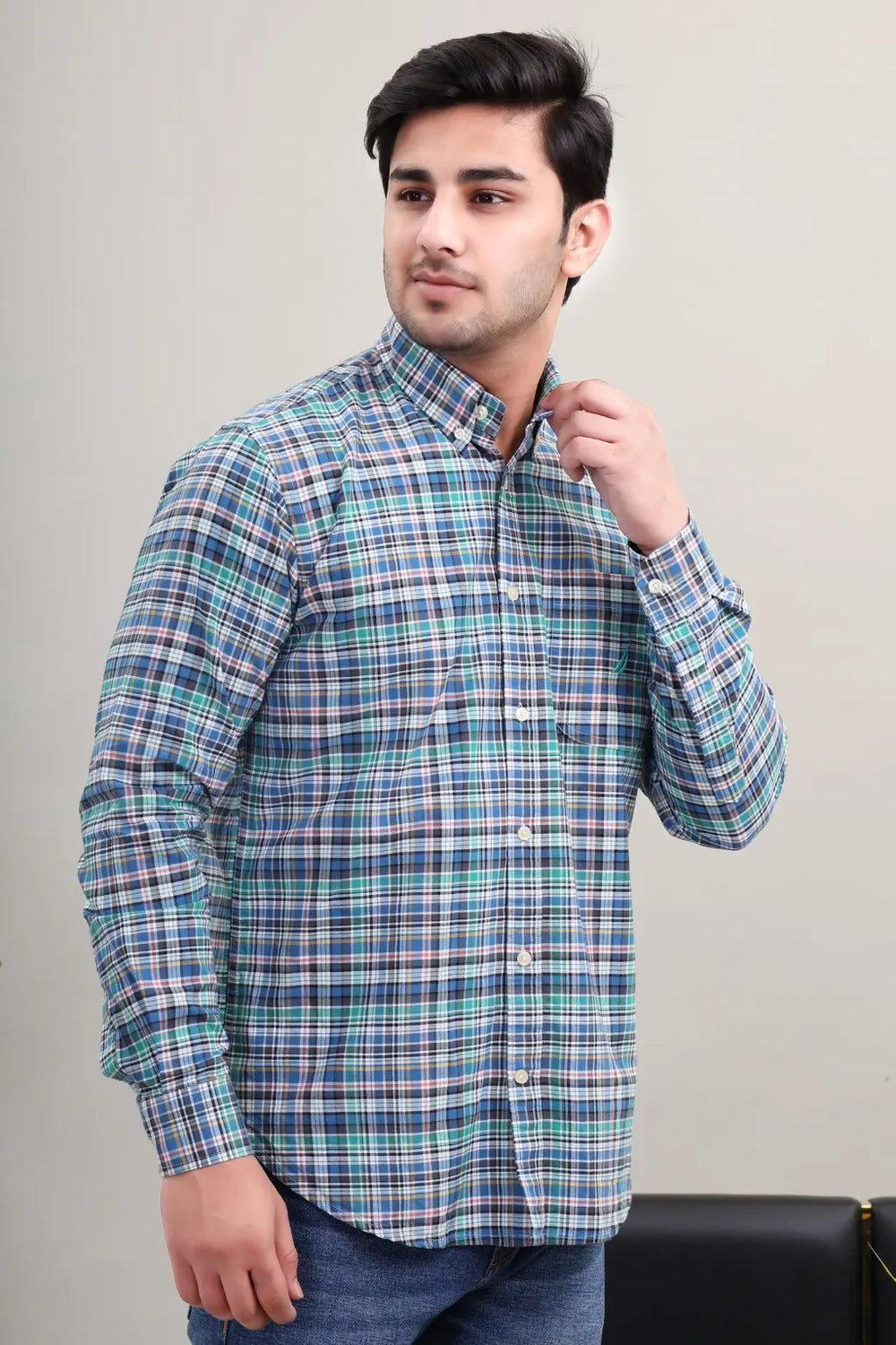 Waysho Men's Blue Green Check Cotton Casual Shirt left View