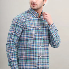 Waysho Men's Blue Green Check Cotton Casual Shirt left View