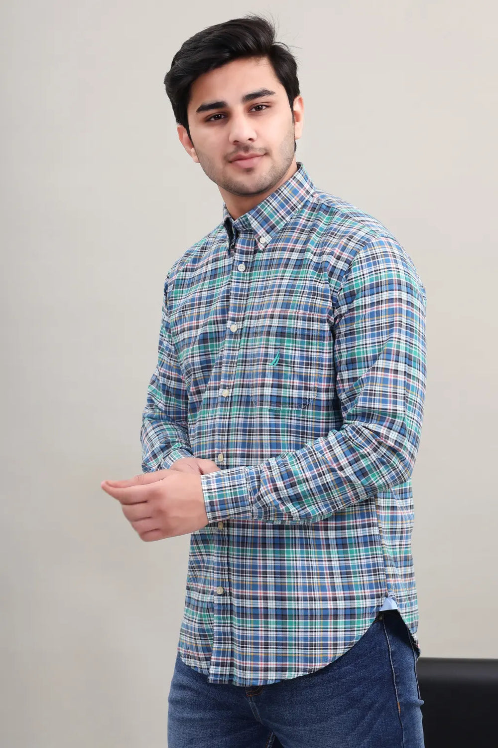 Waysho Men's Blue Green Check Cotton Casual Shirt Side View