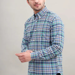 Waysho Men's Blue Green Check Cotton Casual Shirt Side View