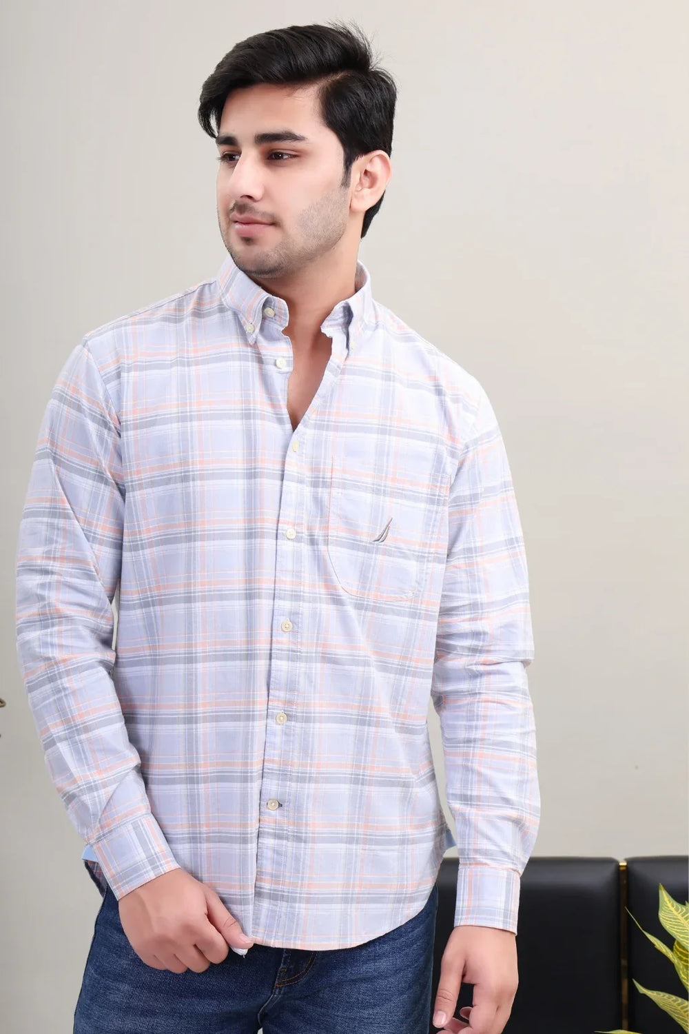 GREY PEACH CHECK SHIRT