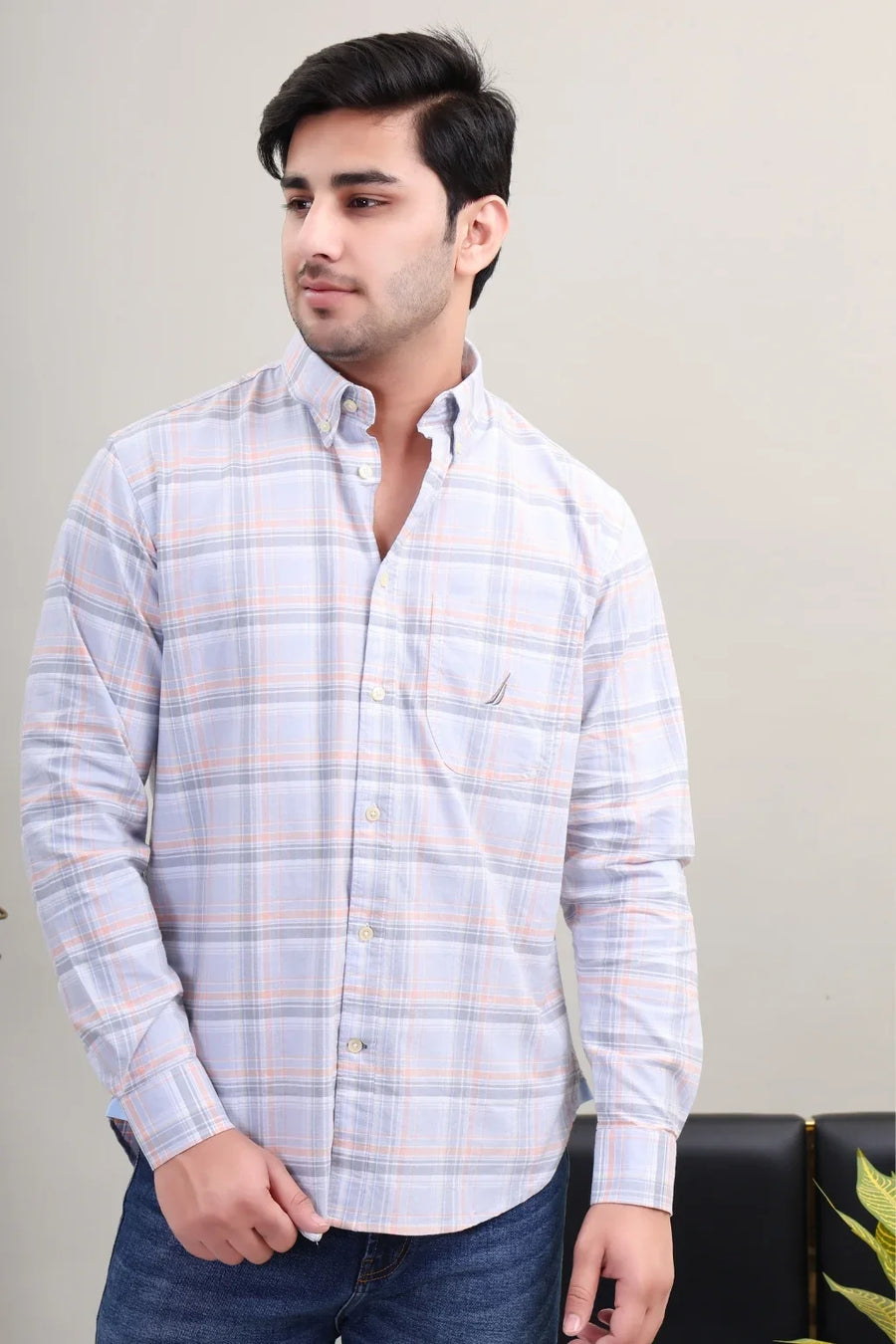 GREY PEACH CHECK SHIRT