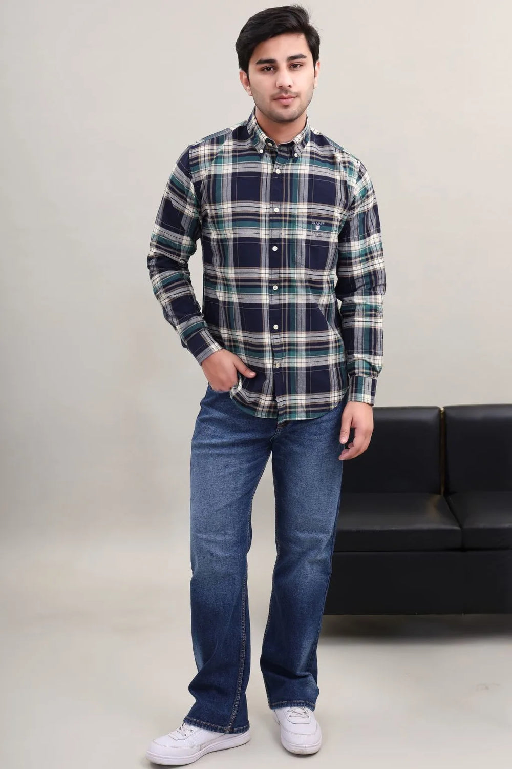 Men's Navy Blue Green Check Cotton Casual Shirt Full Front View by waysho