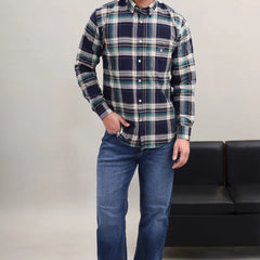 Men's Navy Blue Green Check Cotton Casual Shirt Full Front View by waysho