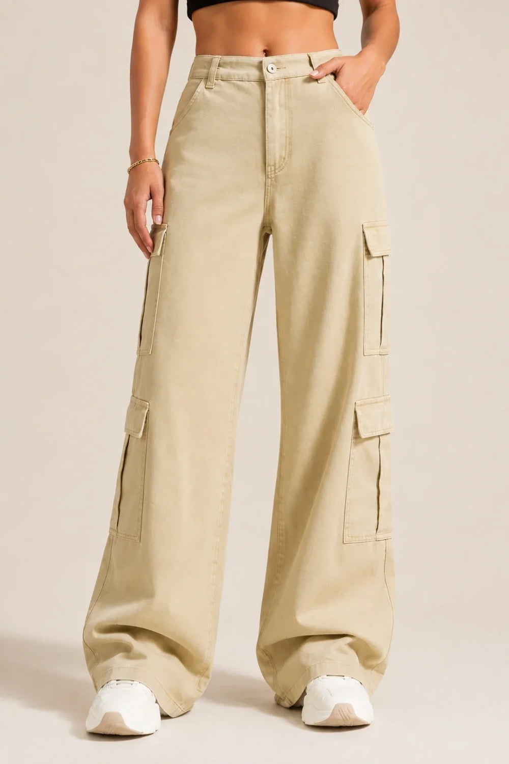 Waysho Women's Beige 8 Pocket Cargo Baggy Jeans High Rise Wide Leg Front View