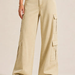 Waysho Women's Beige 8 Pocket Cargo Baggy Jeans High Rise Wide Leg Front View