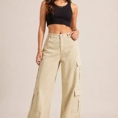 Waysho Women's Beige 8 Pocket Cargo Baggy Jeans High Rise Wide Leg Full View