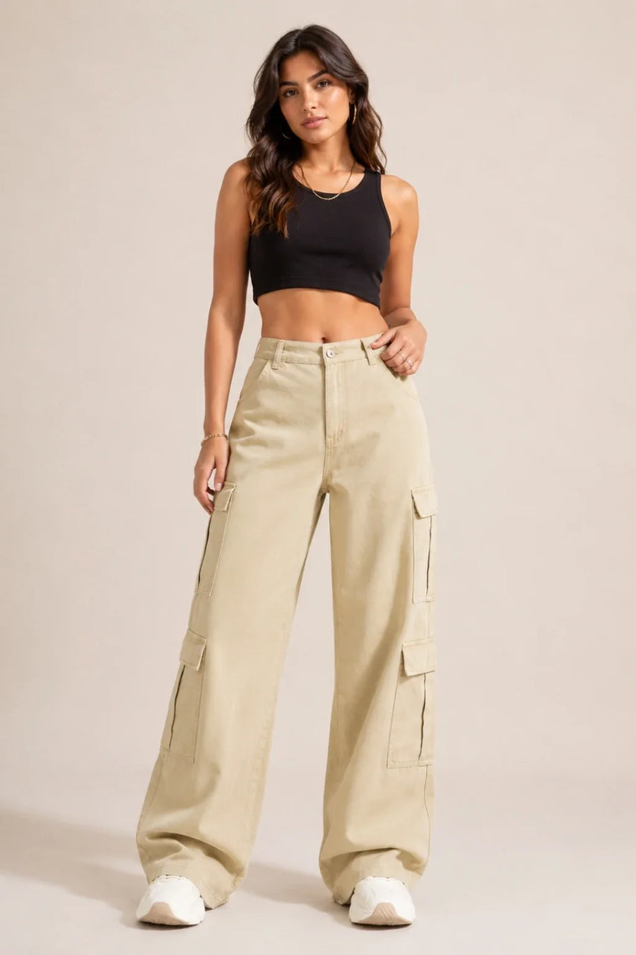 Waysho Women's Beige 8 Pocket Cargo Baggy Jeans High Rise Wide Leg Full View