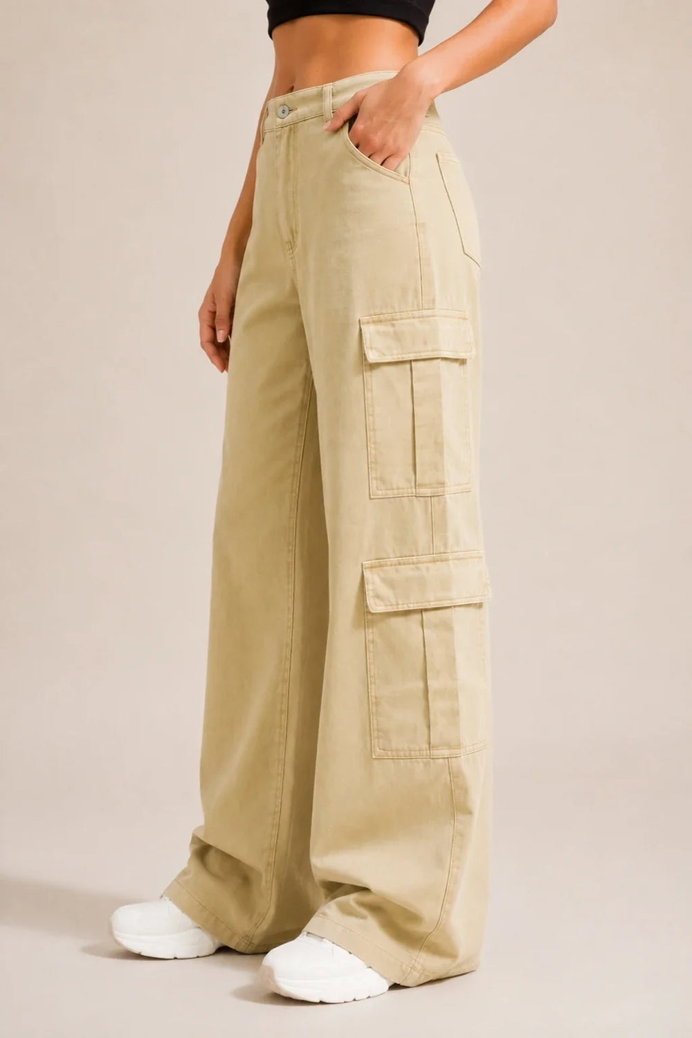 Waysho Women's Beige 8 Pocket Cargo Baggy Jeans High Rise Wide Leg Side View