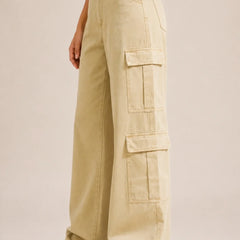 Waysho Women's Beige 8 Pocket Cargo Baggy Jeans High Rise Wide Leg Side View
