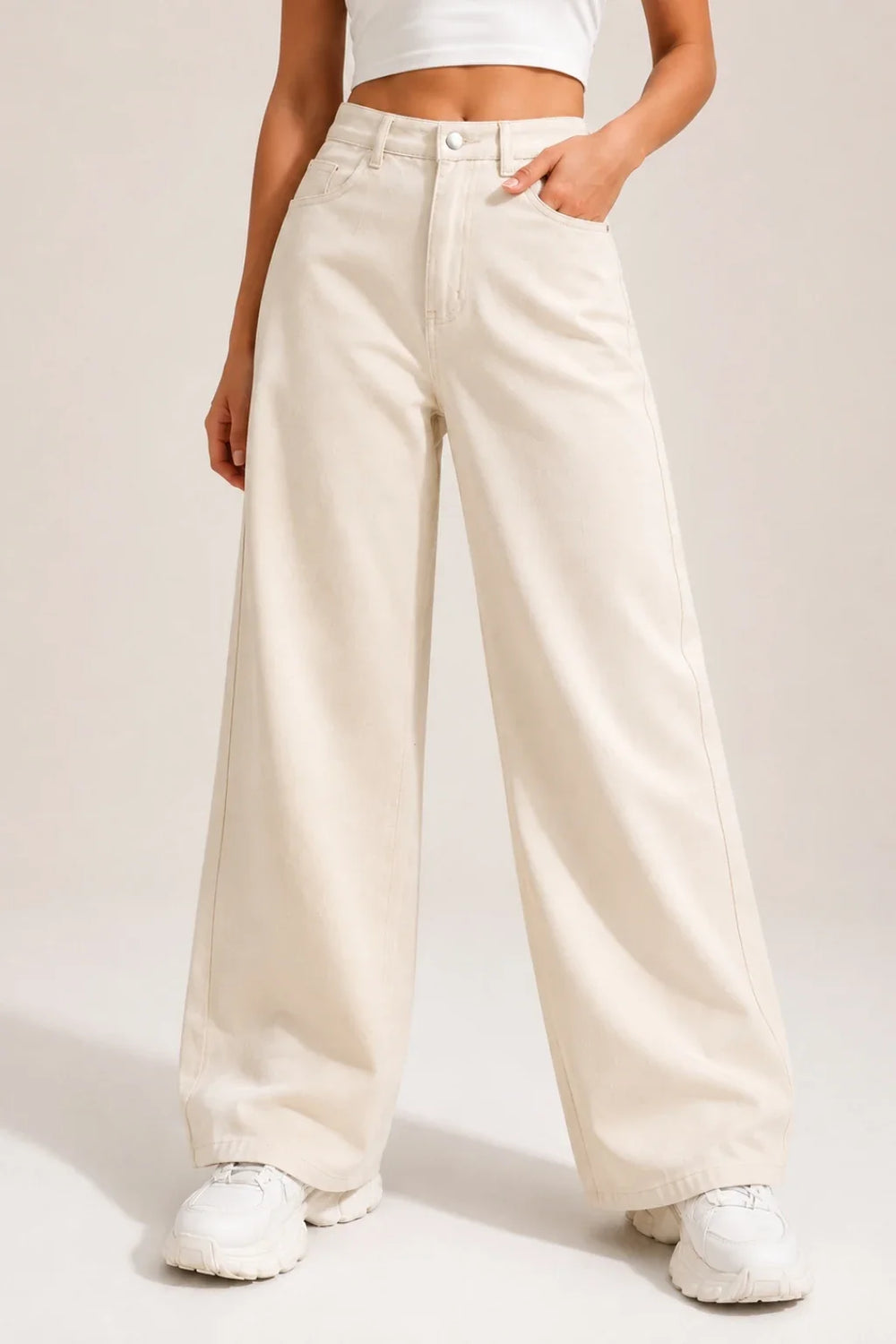 Waysho Women's Beige High Rise Wide Leg Jeans Front View