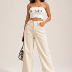 Waysho Women's Beige High Rise Wide Leg Jeans Full View