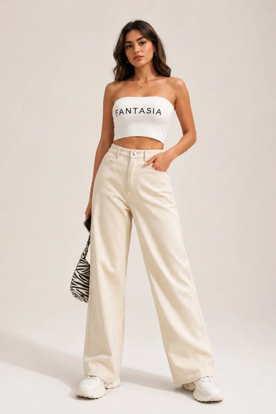 Waysho Women's Beige High Rise Wide Leg Jeans Full View