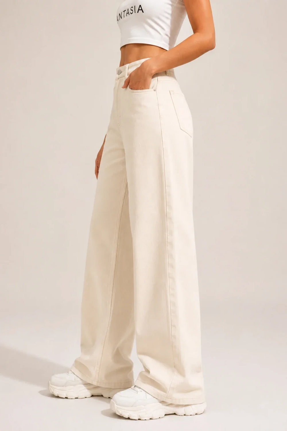 Waysho Women's Beige High Rise Wide Leg Jeans Left View