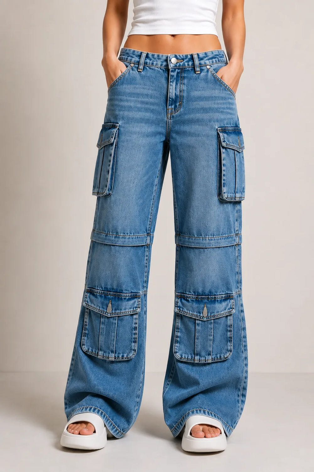 Waysho Women's Blue Cargo Wide Leg Denim Jeans with Oversized Utility Pockets Front View