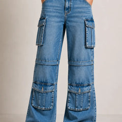 Waysho Women's Blue Cargo Wide Leg Denim Jeans with Oversized Utility Pockets Front View