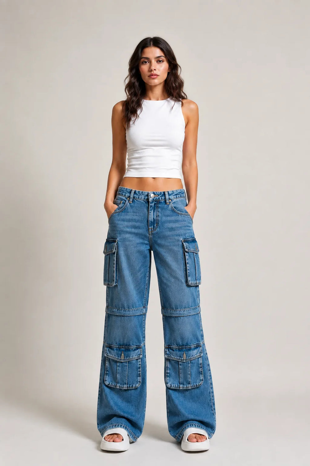 Waysho Women's Blue Cargo Wide Leg Denim Jeans with Oversized Utility Pockets Full Front View